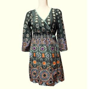 Pinkerton Wrap‎ Dress Boho Geometric Print Smocked Waist 3/4 Sleeve Size M